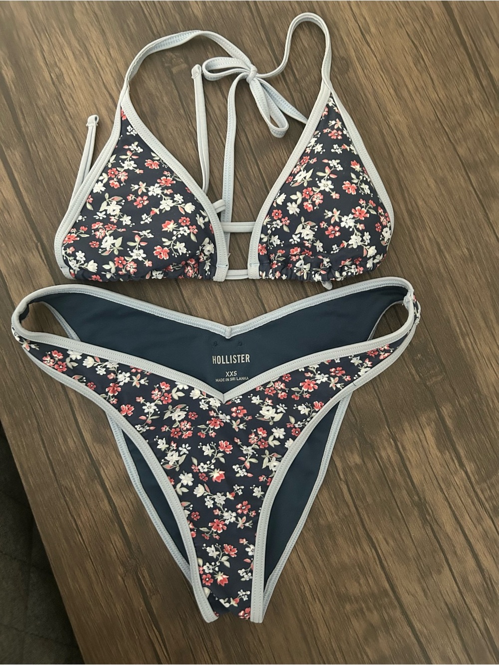 Hollister Navy Floral Triangle Bikini with Light Gray Trim